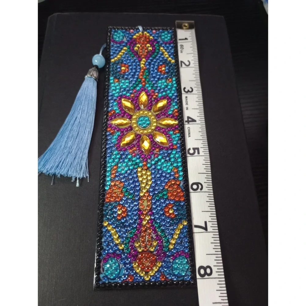 Handmade 5D Diamond Painting Bookmark Blue Floral Tassel Rhinestone 7.75